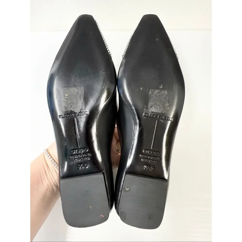 Black Suede Studio Womens Black Leather Aria Embellished Toe Cap Flats Size 5.5
